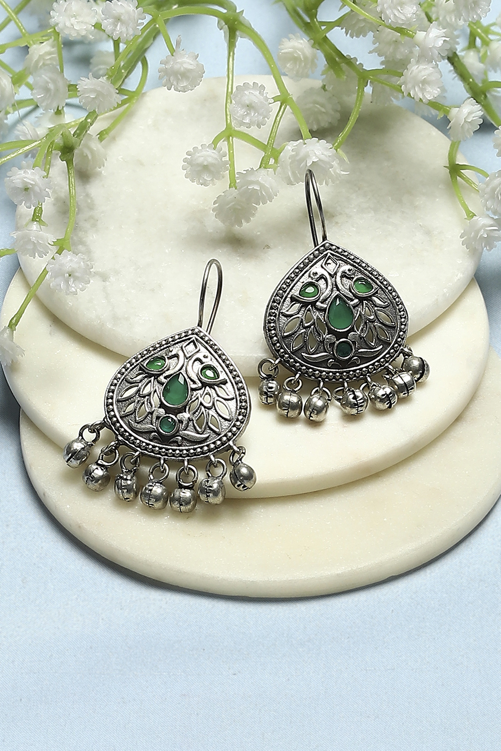 Green Oxidised Stone Studded Tear Drop Danglers image number 0