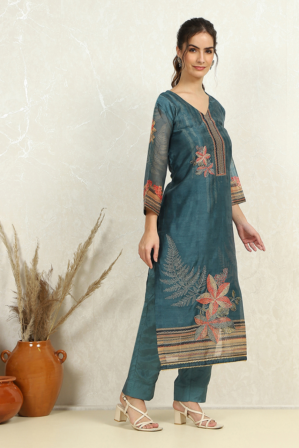 Blue Chanderi Floral Printed Unstitched Suit Set image number 3