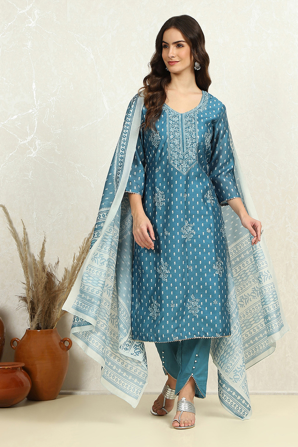 Blue Chanderi Floral Printed Unstitched Suit Set image number 5