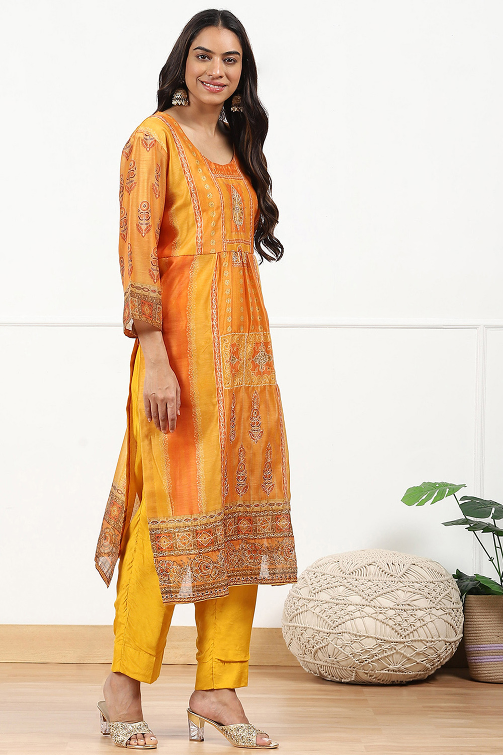 Yellow Chanderi Printed  Embroidered Unstitched Suit Set image number 6