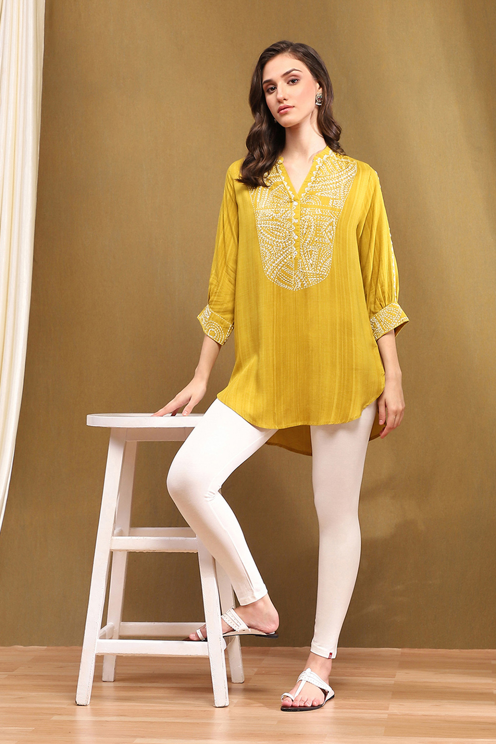 Mustard Yellow Liva Thread Work Straight Kurti image number 0