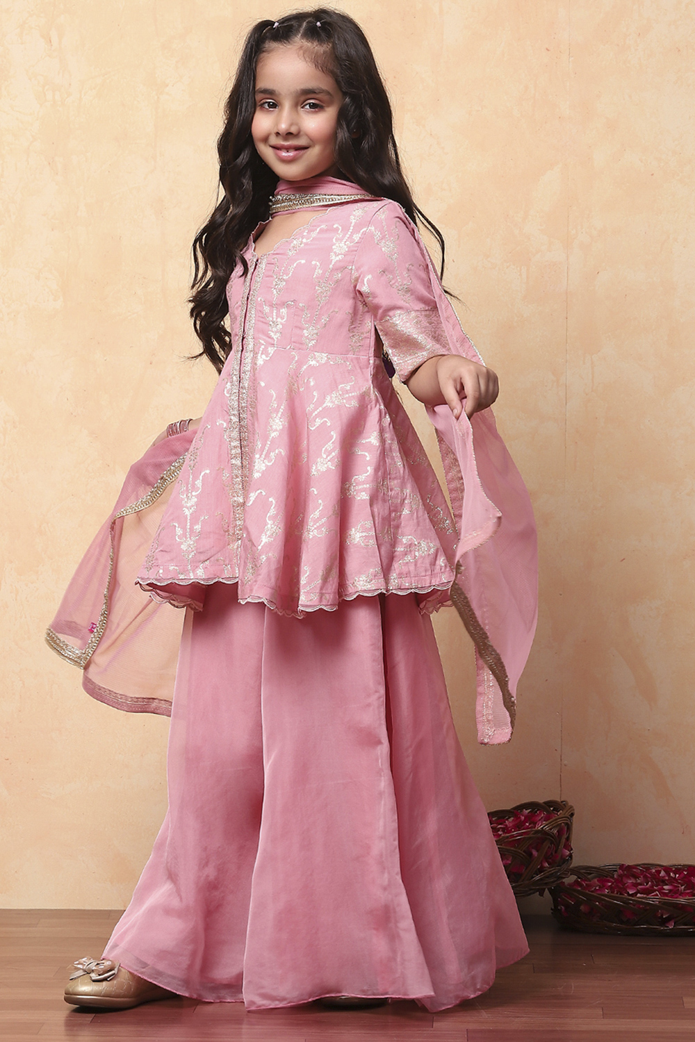 Pink Viscose Chanderi Printed Festive Flared Suit Set image number 3