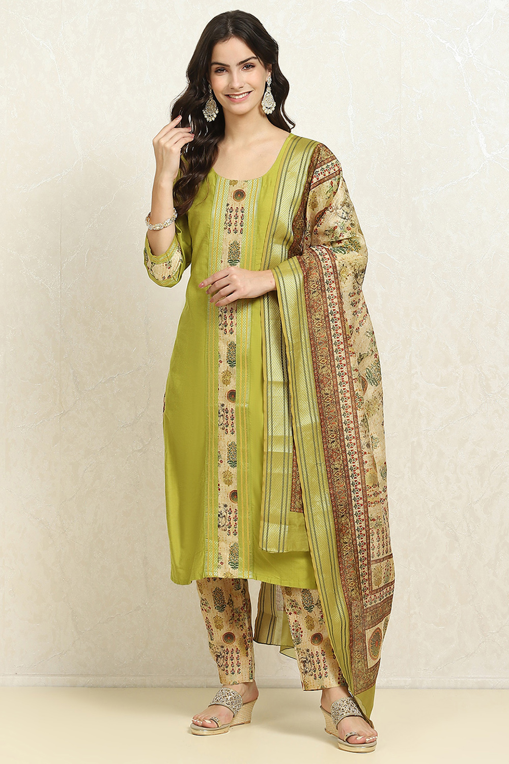 Green Cotton Handloom Unstitched Suit Set image number 1