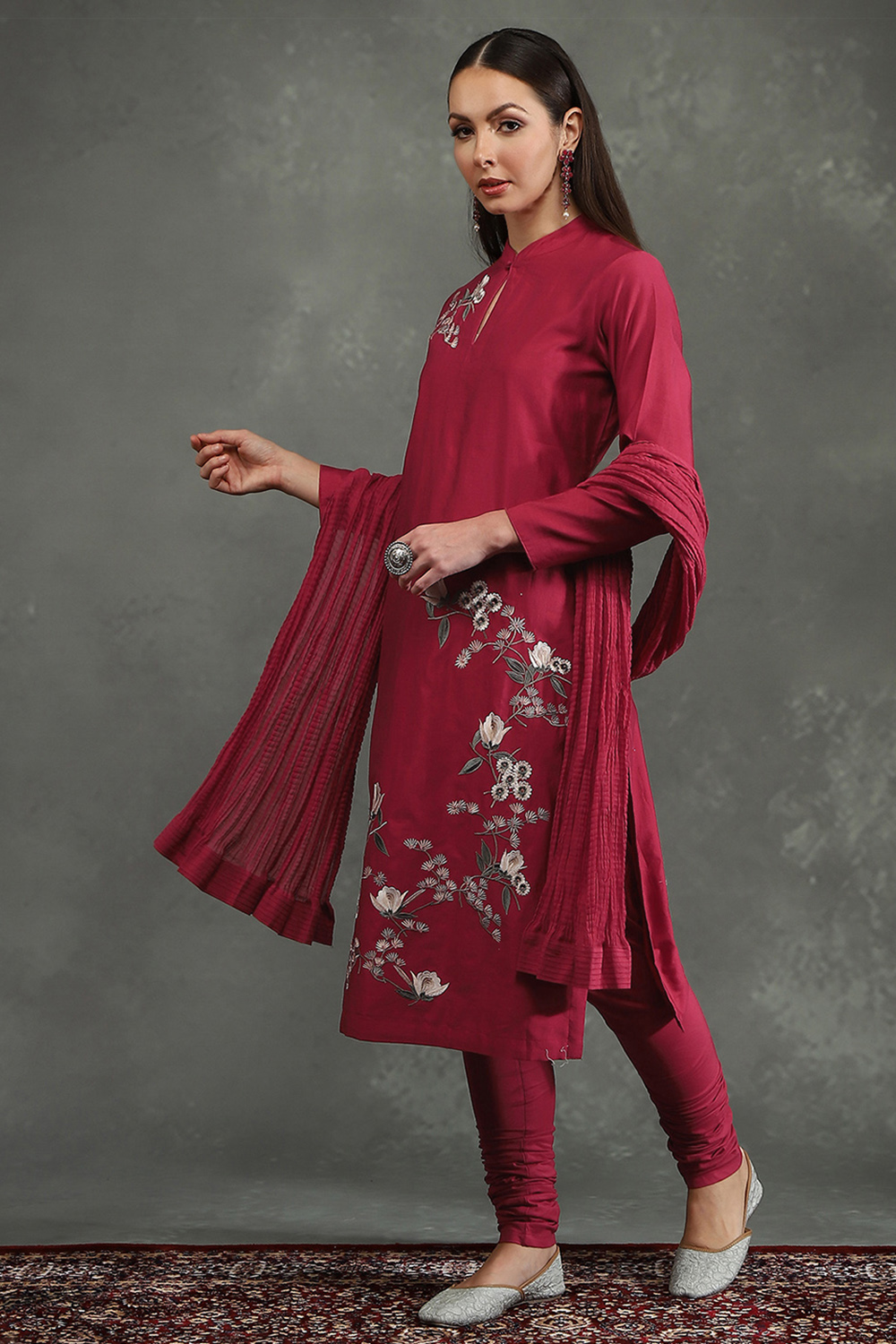 Rohit Bal Maroon Silk Chanderi Floral Straight Suit Set image number 3