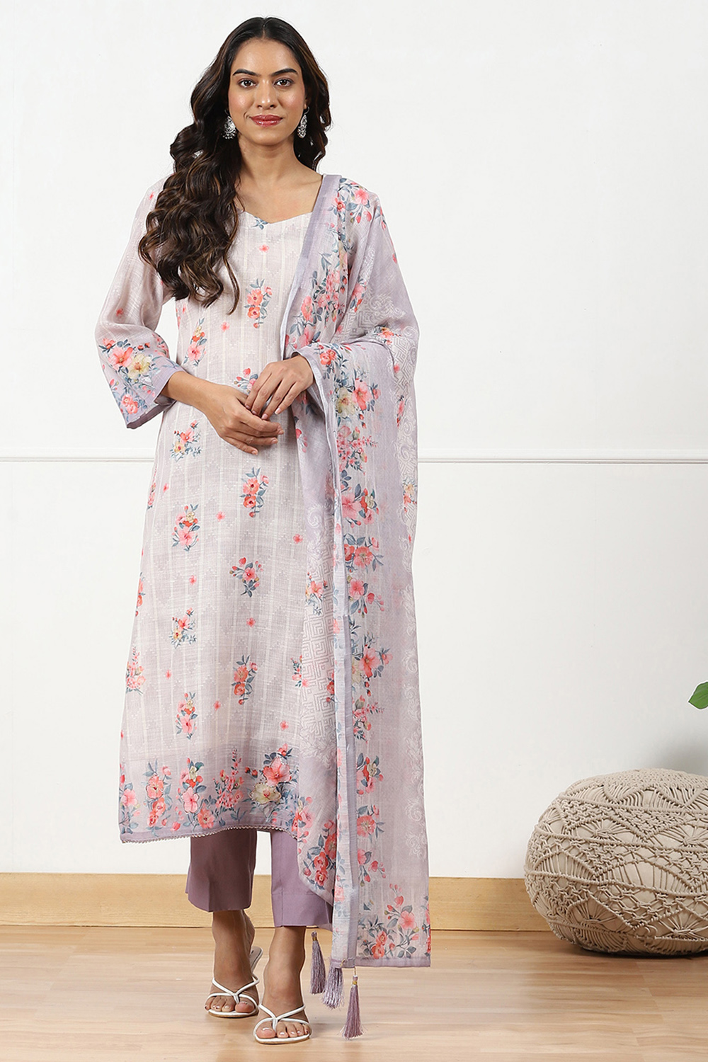 Beige Linen Floral Printed Unstitched Suit Set image number 1