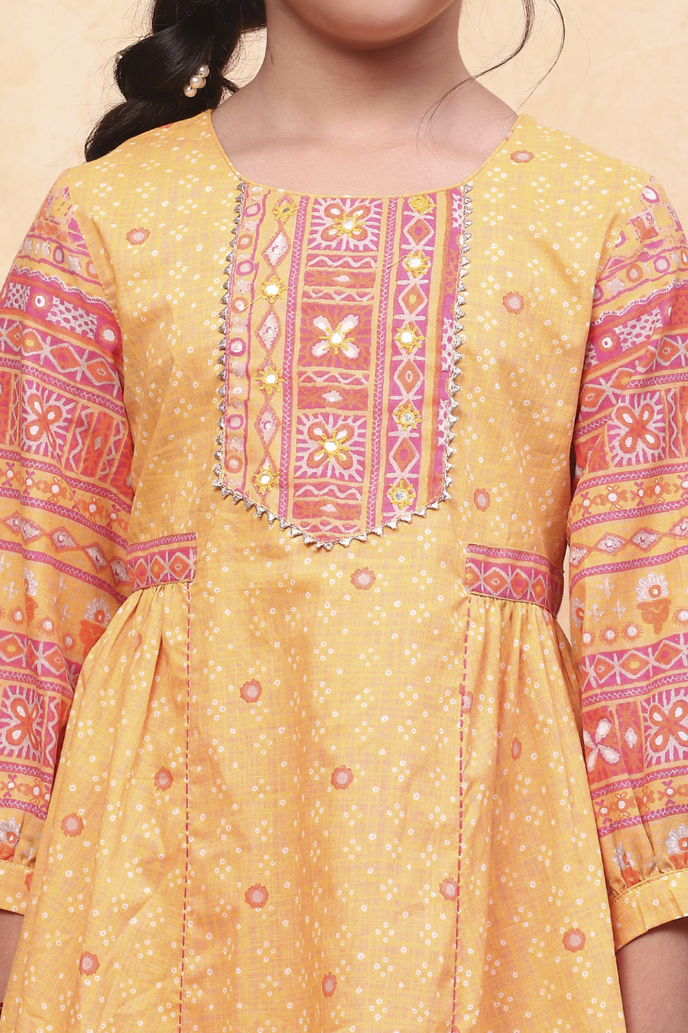 Yellow Cotton Bandhani Printed Gathered Festive Suit Set image number 1