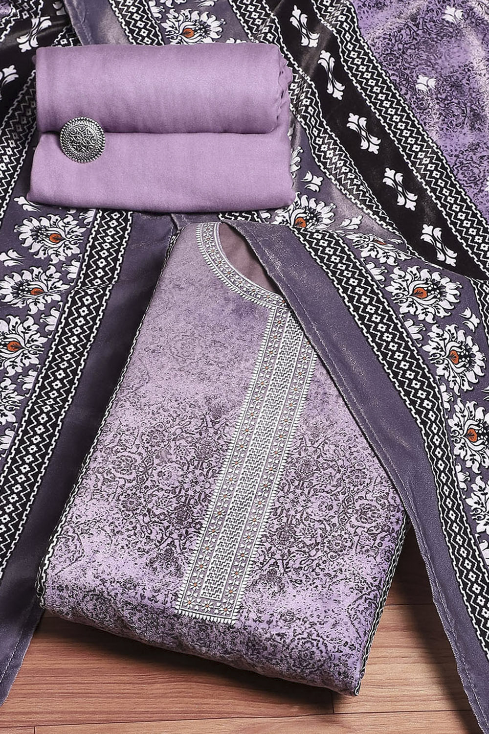 Lavender Velvet Digital Print Unstitched Suit Set image number 0