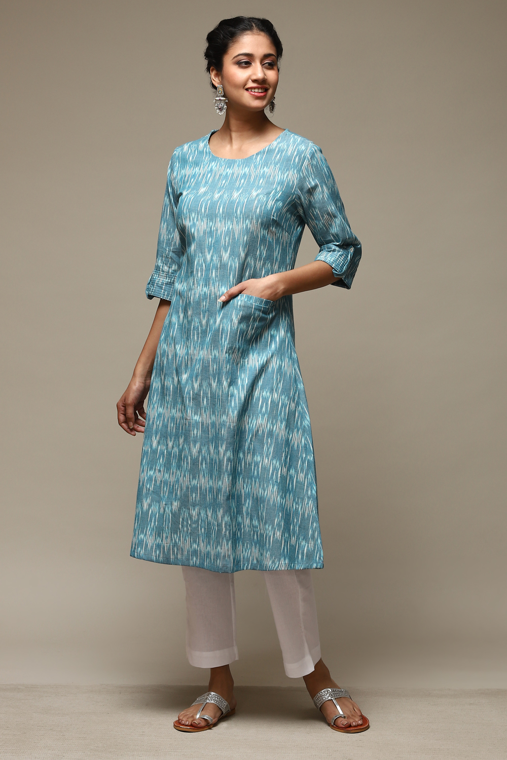 Light Blue Cotton IKAT Straight Yarndyed Kurta image number 5