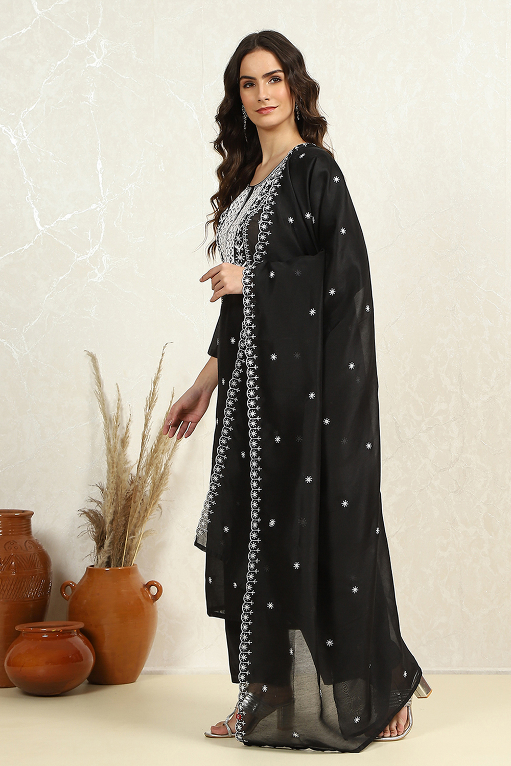 Black Chanderi Machine Embroidered Unstitched Suit Set image number 4