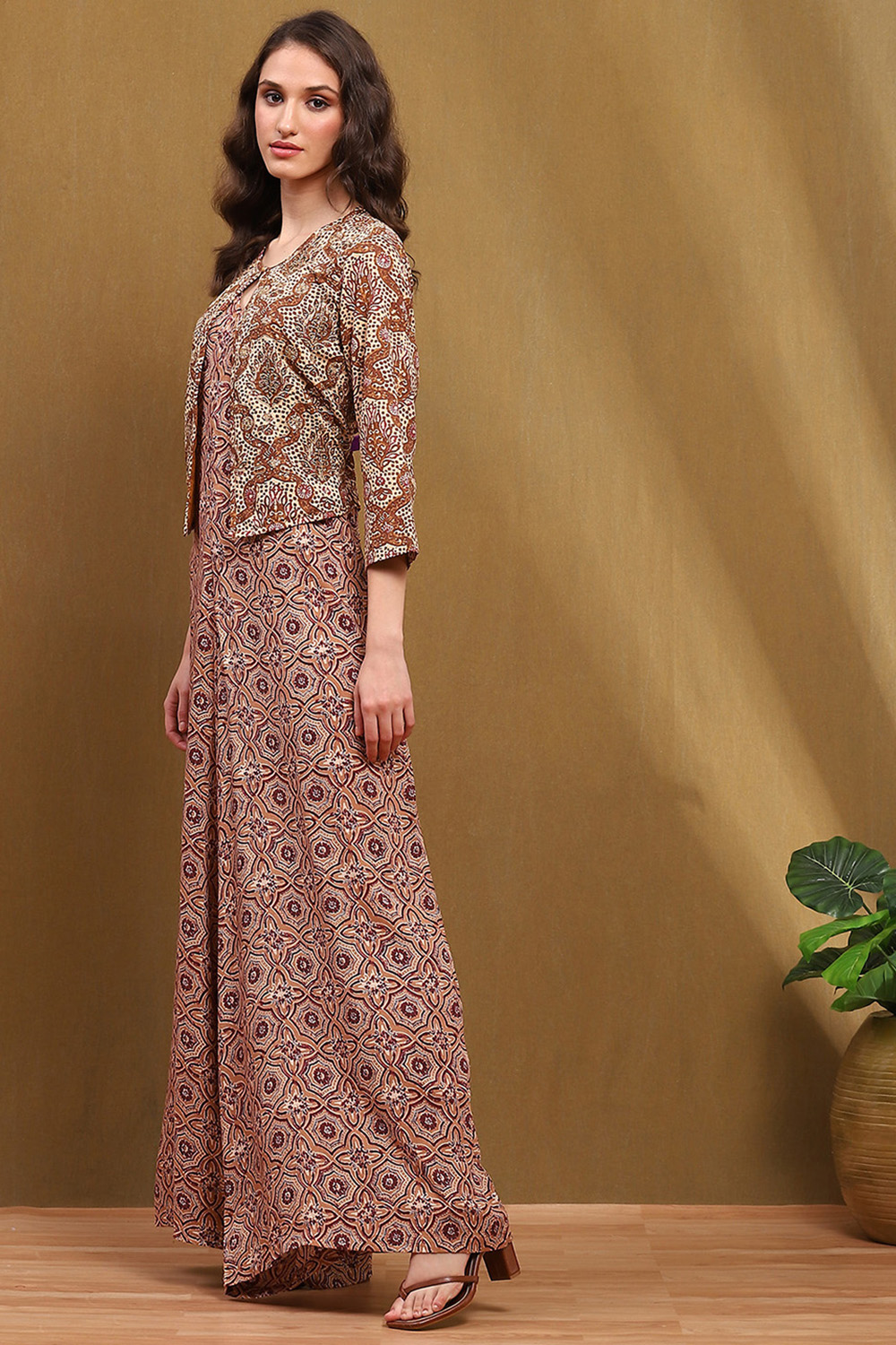 Beige Block-Printed Straight Jumpsuit image number 2