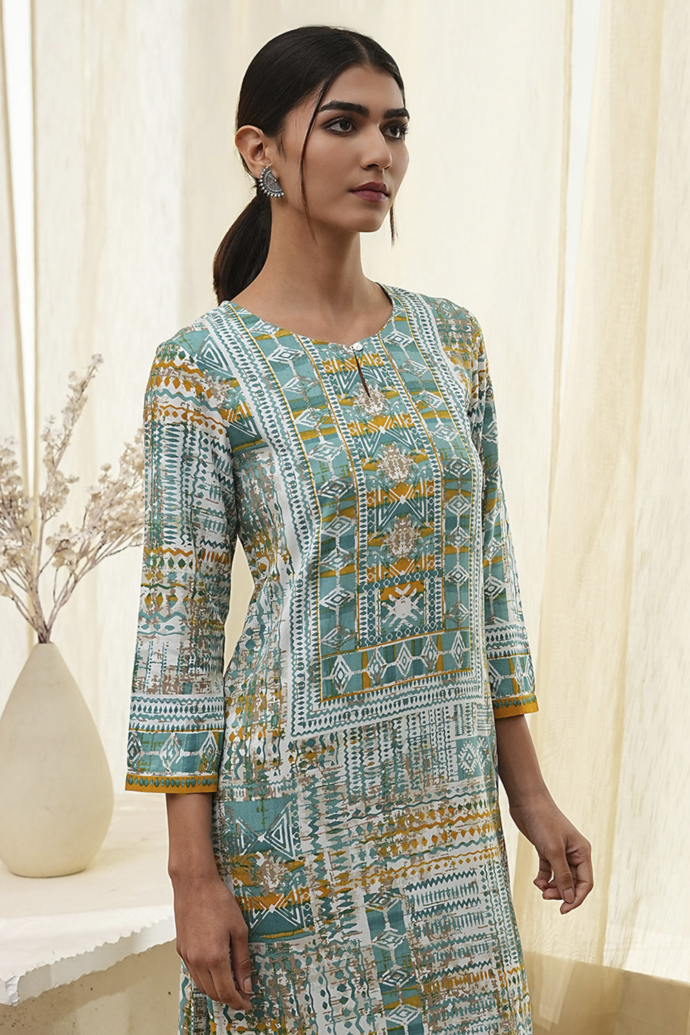 Teal Printed Straight Kurta image number 1