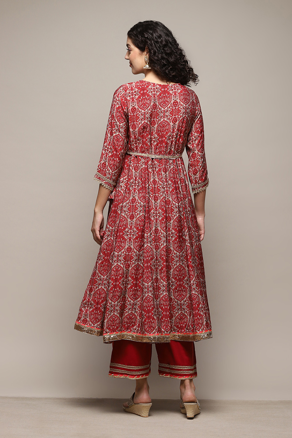 Red Poly Viscose Anarkali Kurta Palazzo Suit Set image number 5