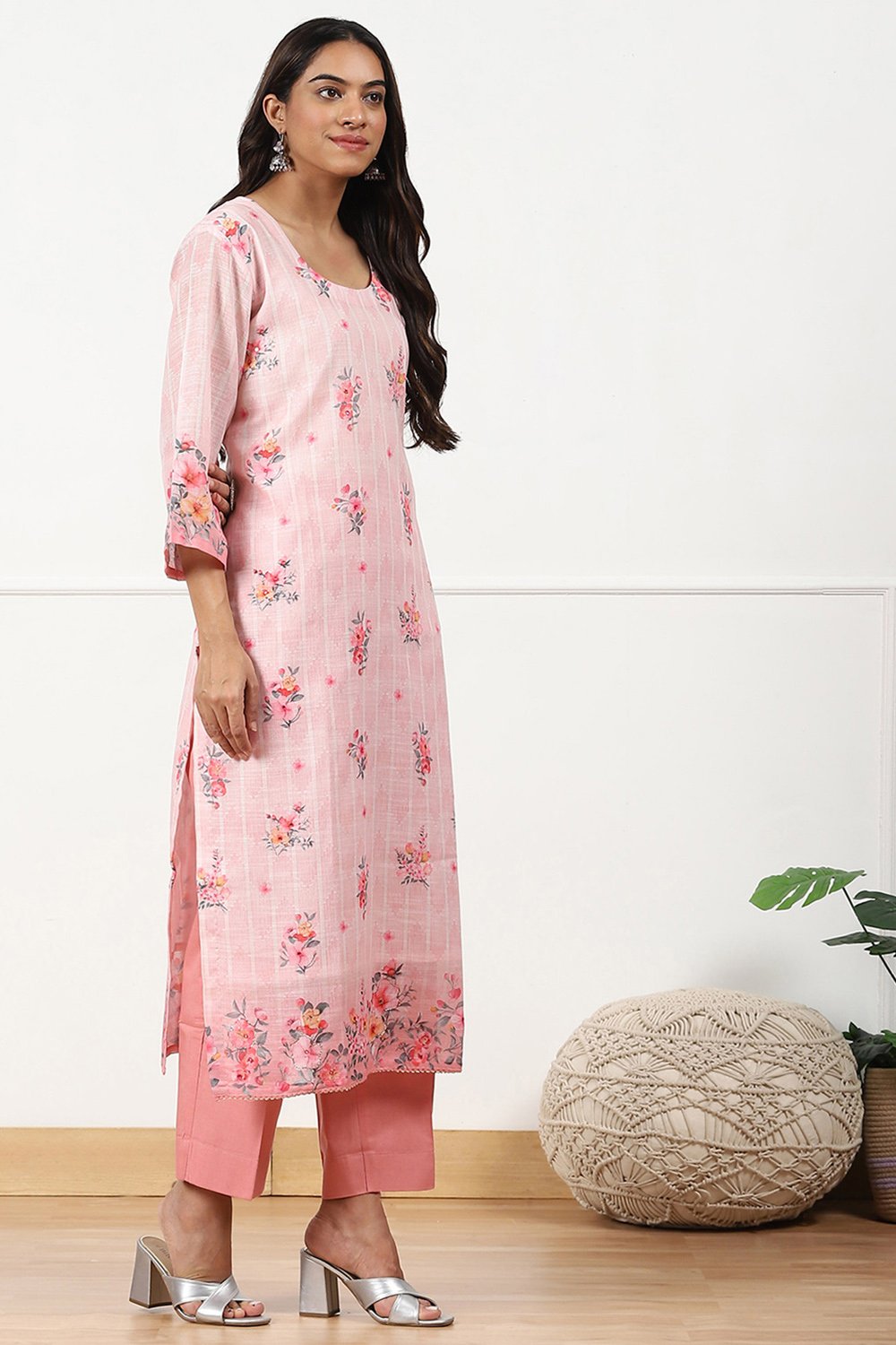 Beige Linen Floral Printed Unstitched Suit Set image number 3