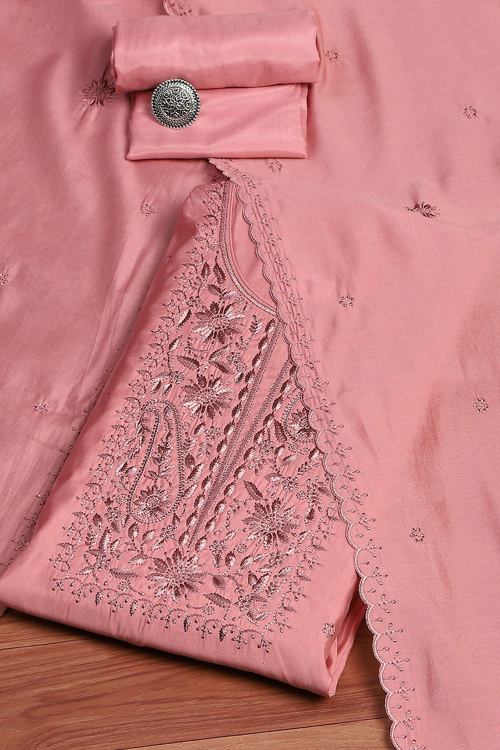 Pink Silk Blend Embroidered Unstitched Suit Set image number 0