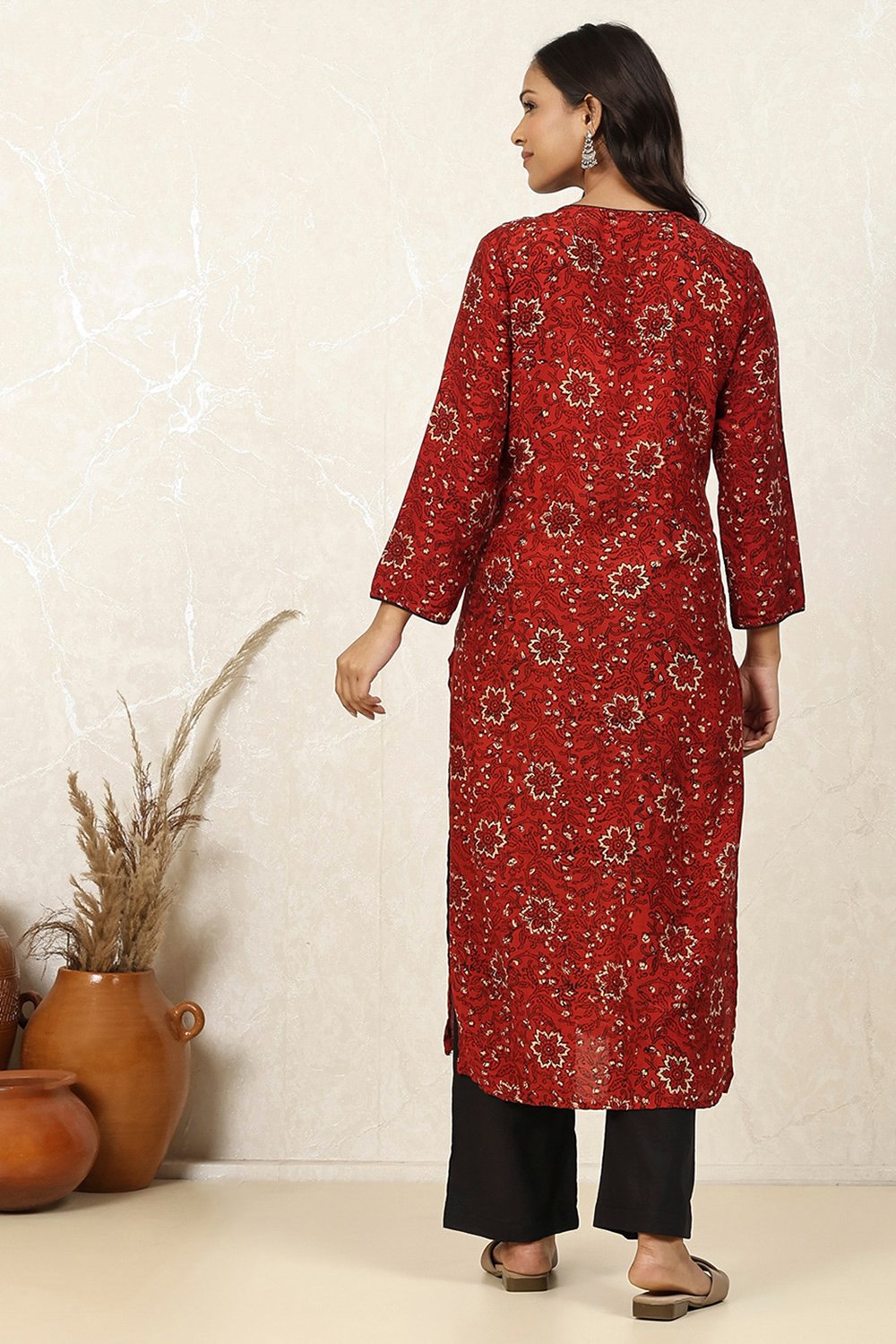 Red Muslin Hand Block Print Unstitched Suit Set image number 5