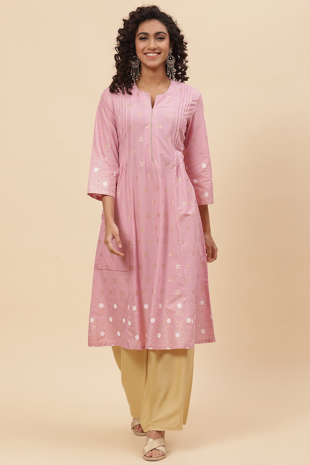 Pink Cotton A Line Kurta image number 0