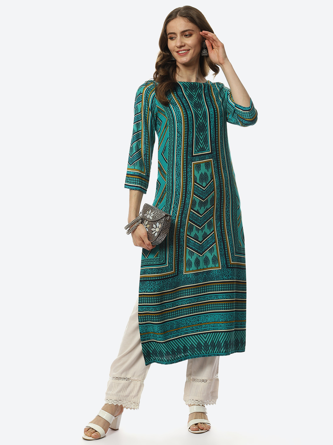 Green & Turquoise Rayon Straight Printed Kurta image number 5