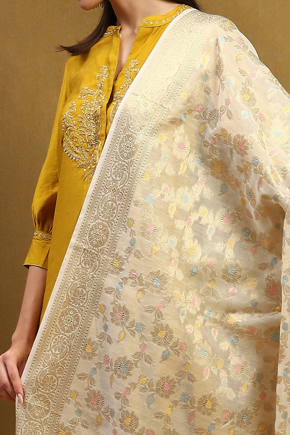 Cream-Colored Floral Yarn-Dyed Festive Dupatta image number 1