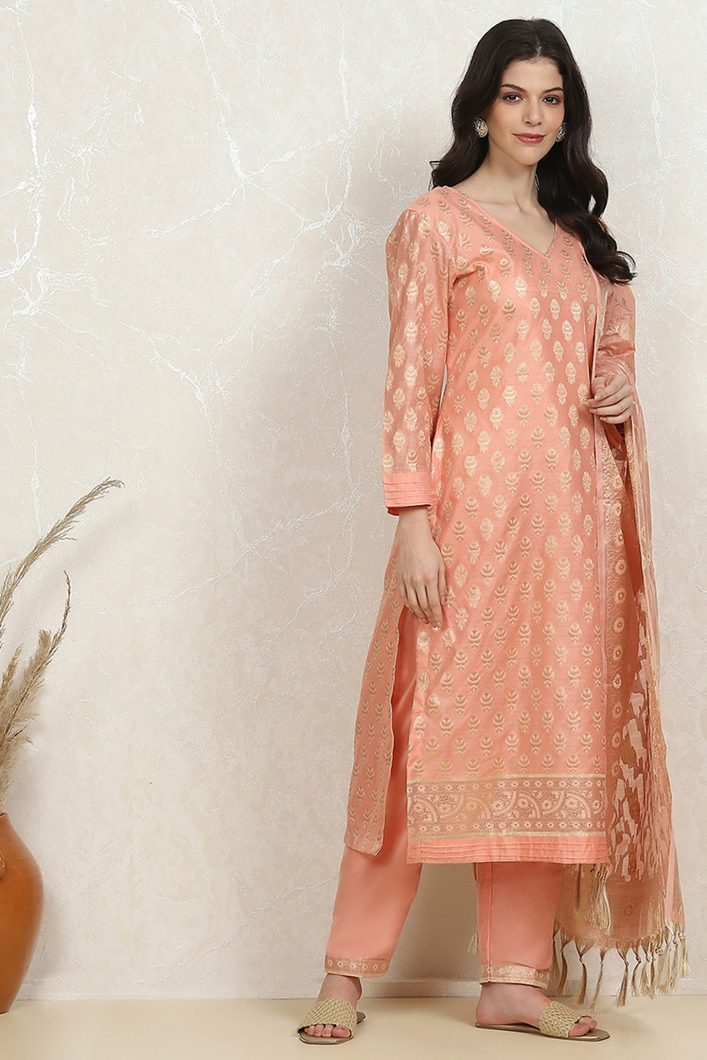 Peach Art Silk Woven Unstitched Suit Set image number 6