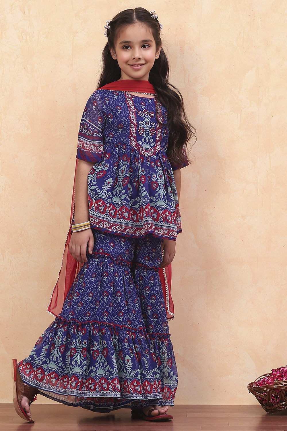 Blue Floral Georgette Gathered Flared Festive Suit Set image number 5