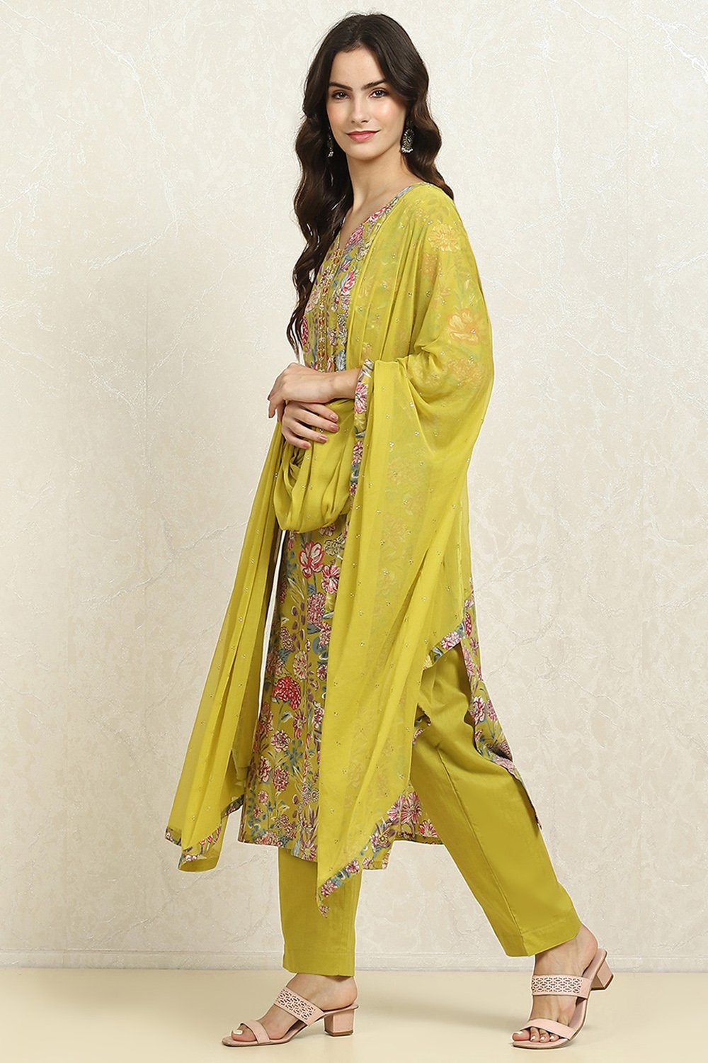 Green Cotton Printed Unstitched Suit Set image number 4