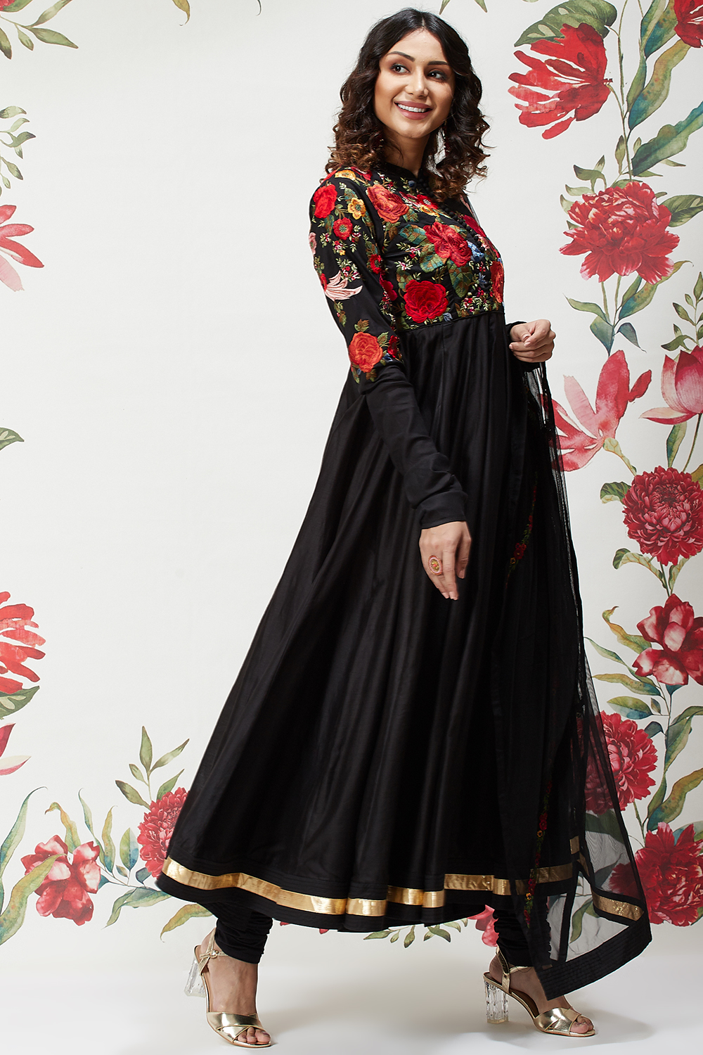 Rohit Bal Black Cotton Silk Anarkali Embroidered Suit image number 6