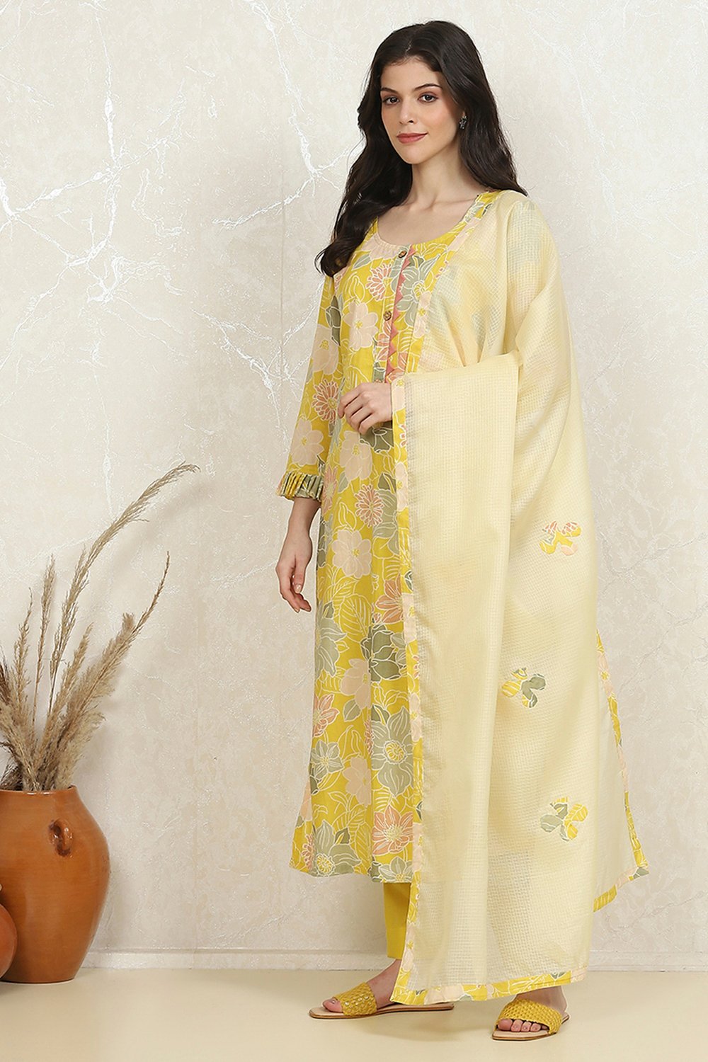 Yellow Cotton Printed Unstitched Suit Set image number 4