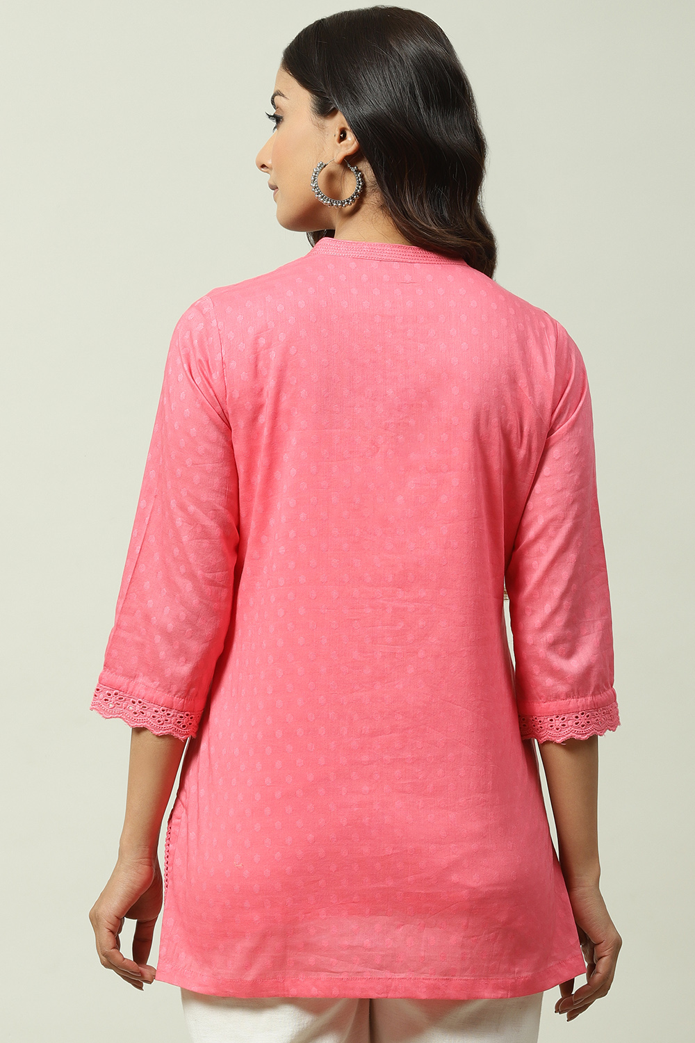 Pink Cotton Straight Short Solid Kurti image number 4