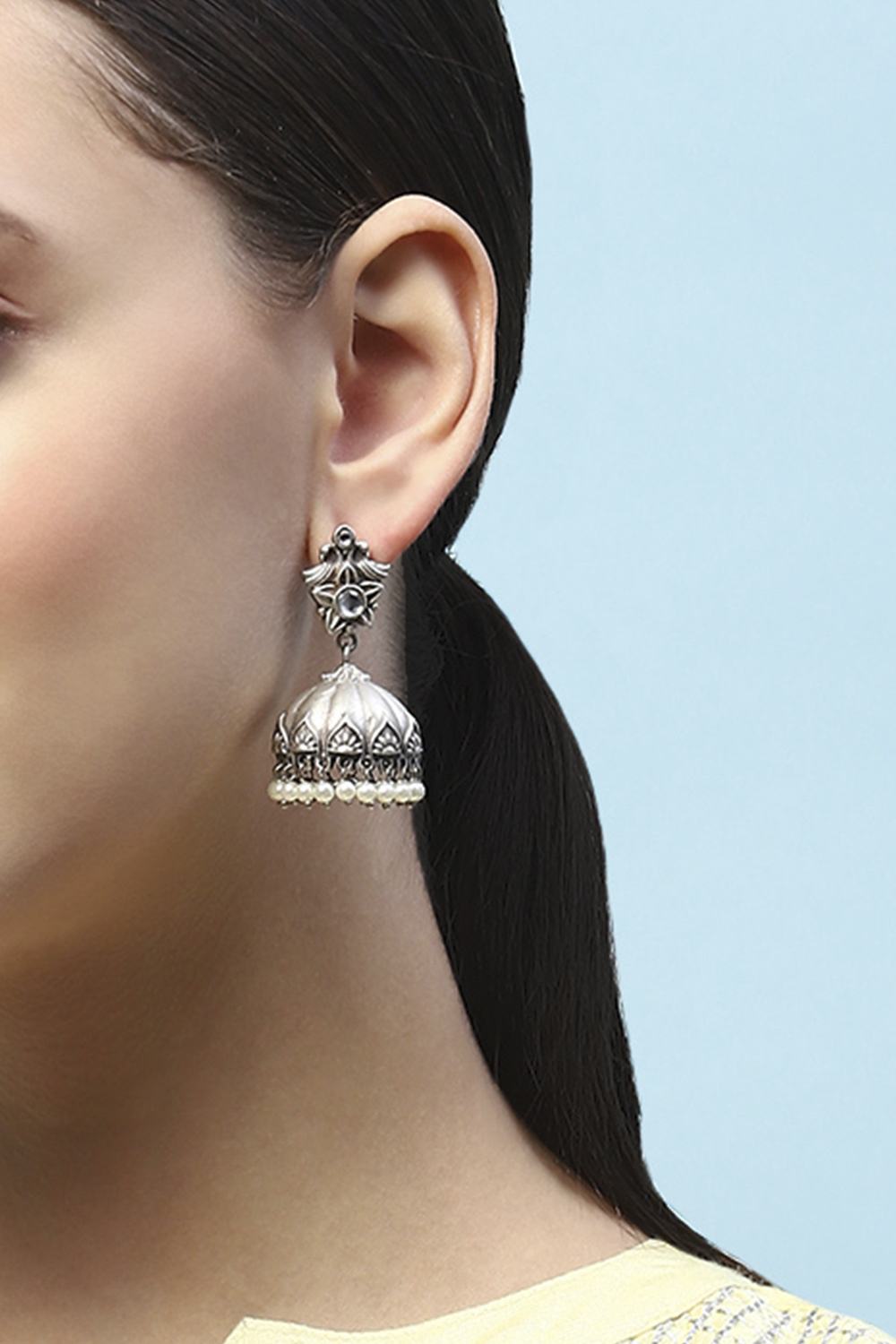 White Oxidised Stone Studded Dome Shaped Jhumkas image number 3