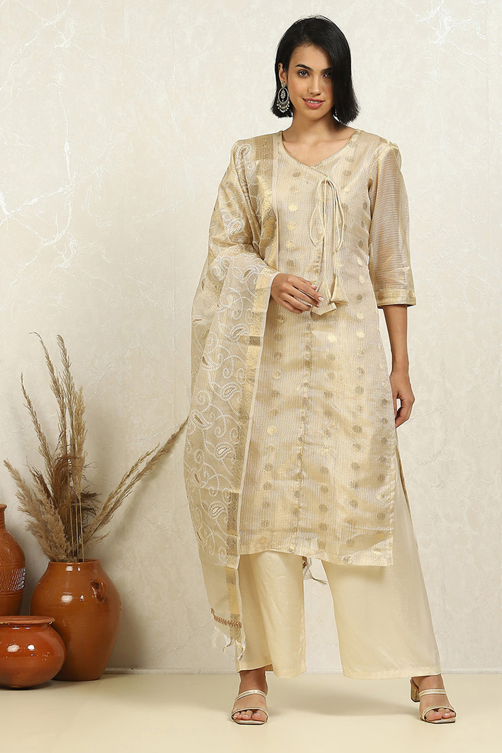 Beige Tissue Woven Design Unstitched Suit Set image number 1