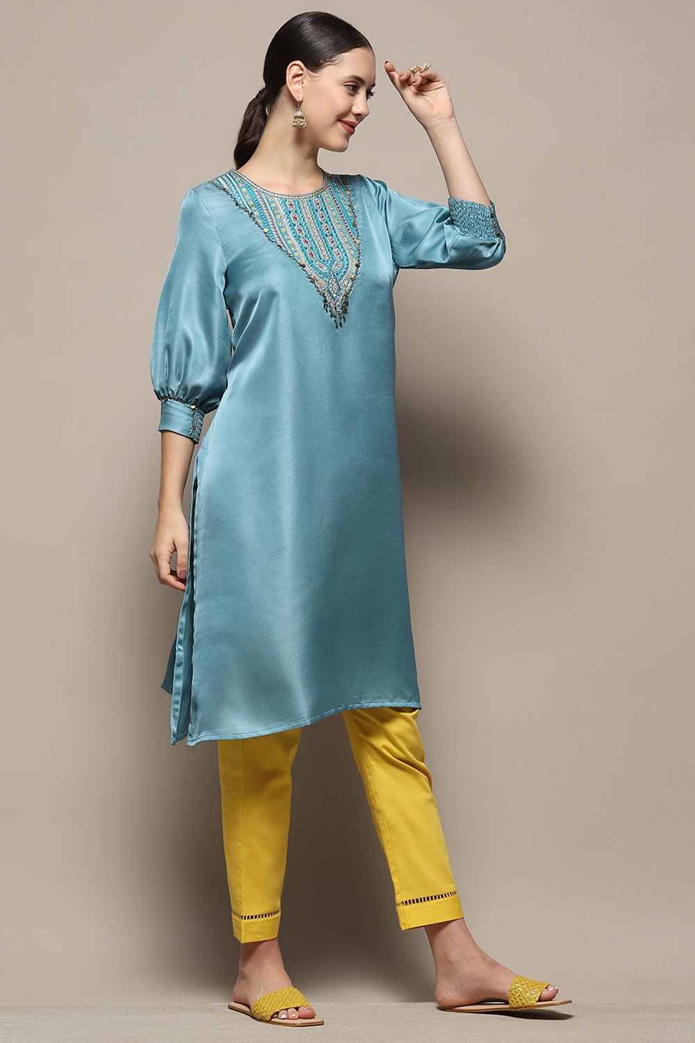 Smoky Blue Straight Regular Fit Festive Kurta image number 4