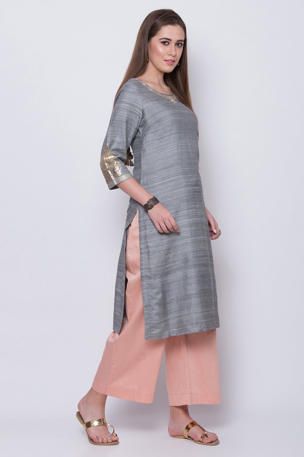 Grey Silk Straight Kurta Palazzo Suit Set image number 3