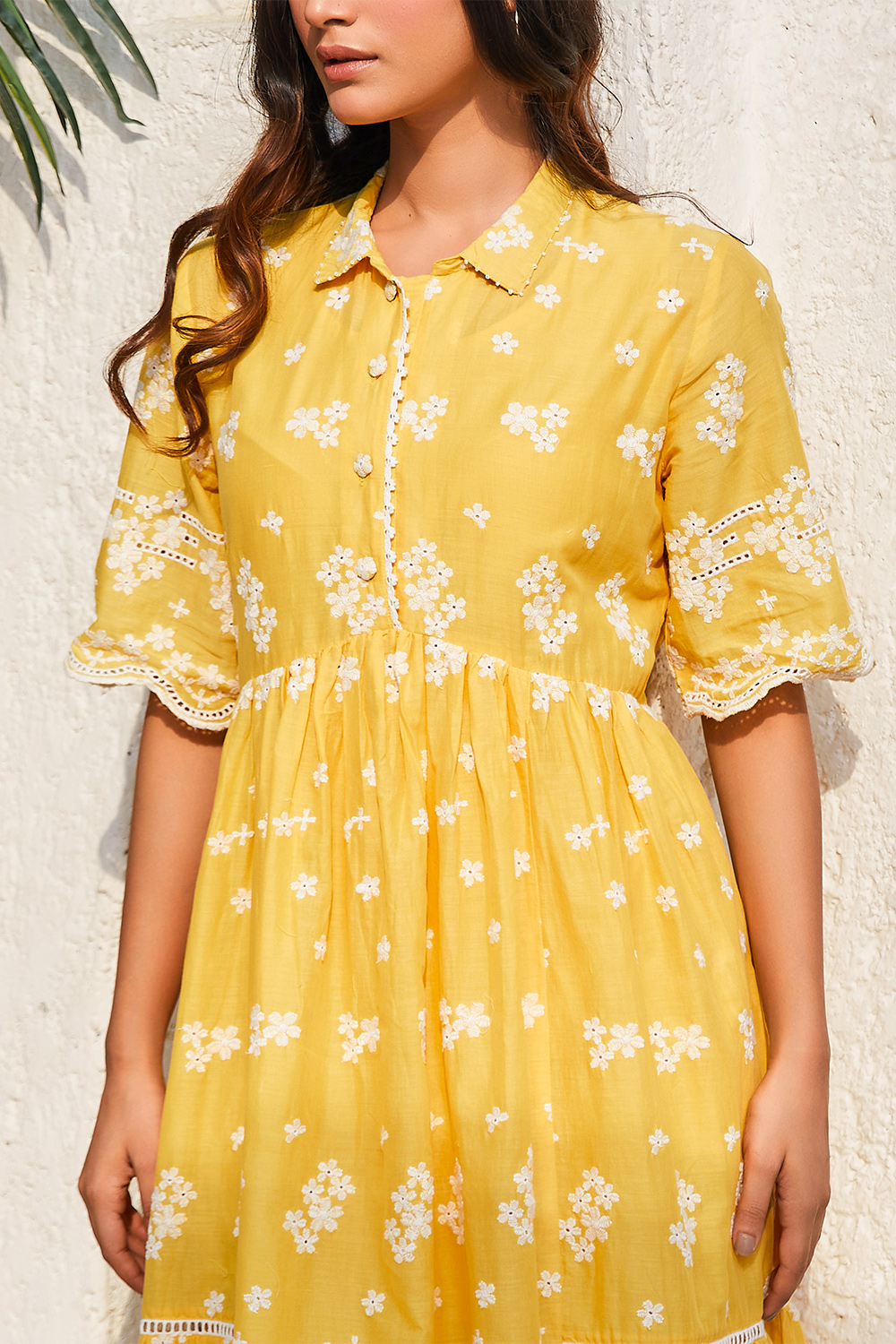 Yellow Cotton Embroidered Tiered Dress image number 1