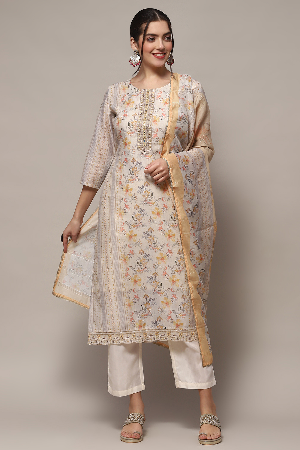 White Pink Chanderi Blend Unstitched Suit set image number 1