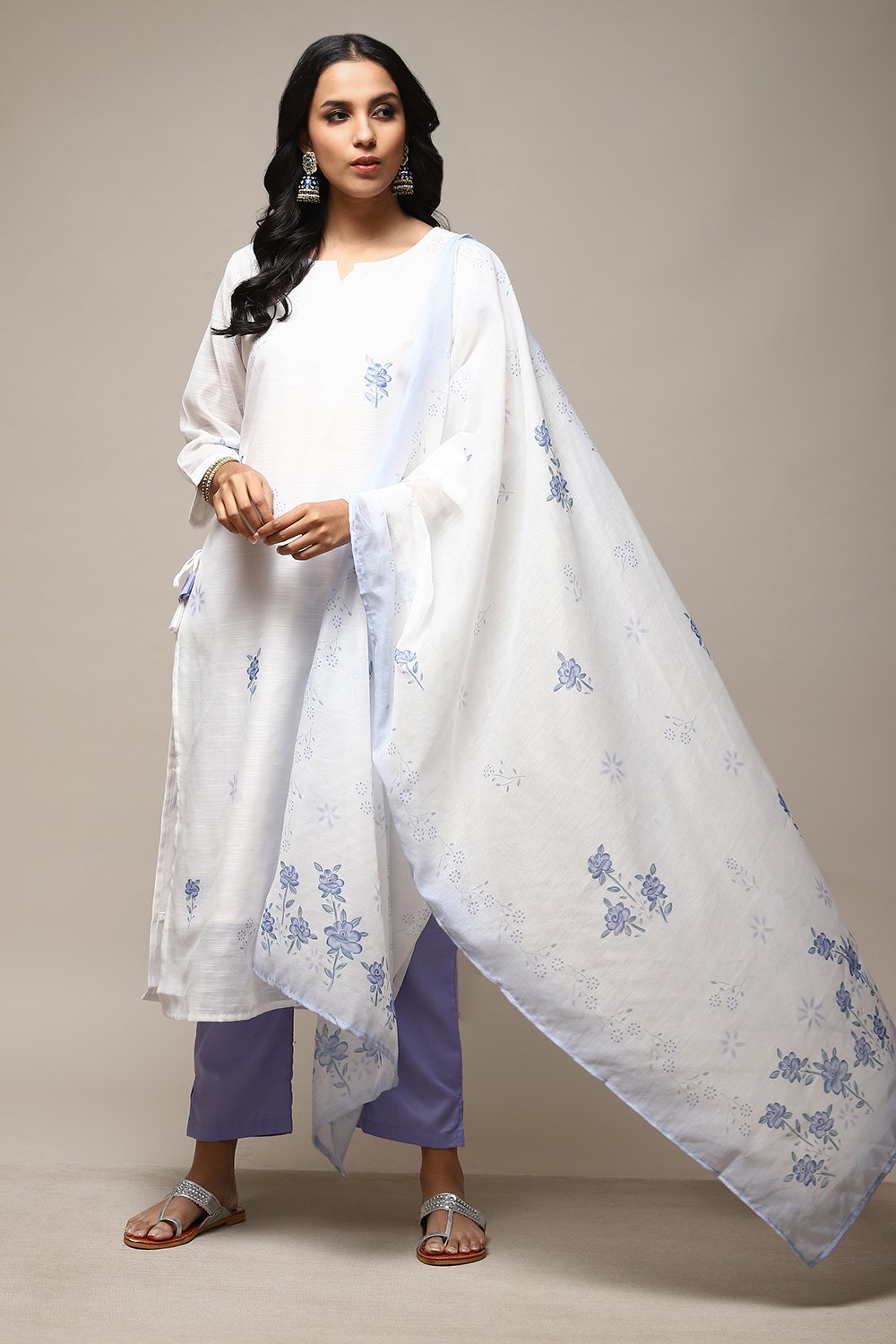 Blue Linen Digital Print Unstitched Suit Set image number 1