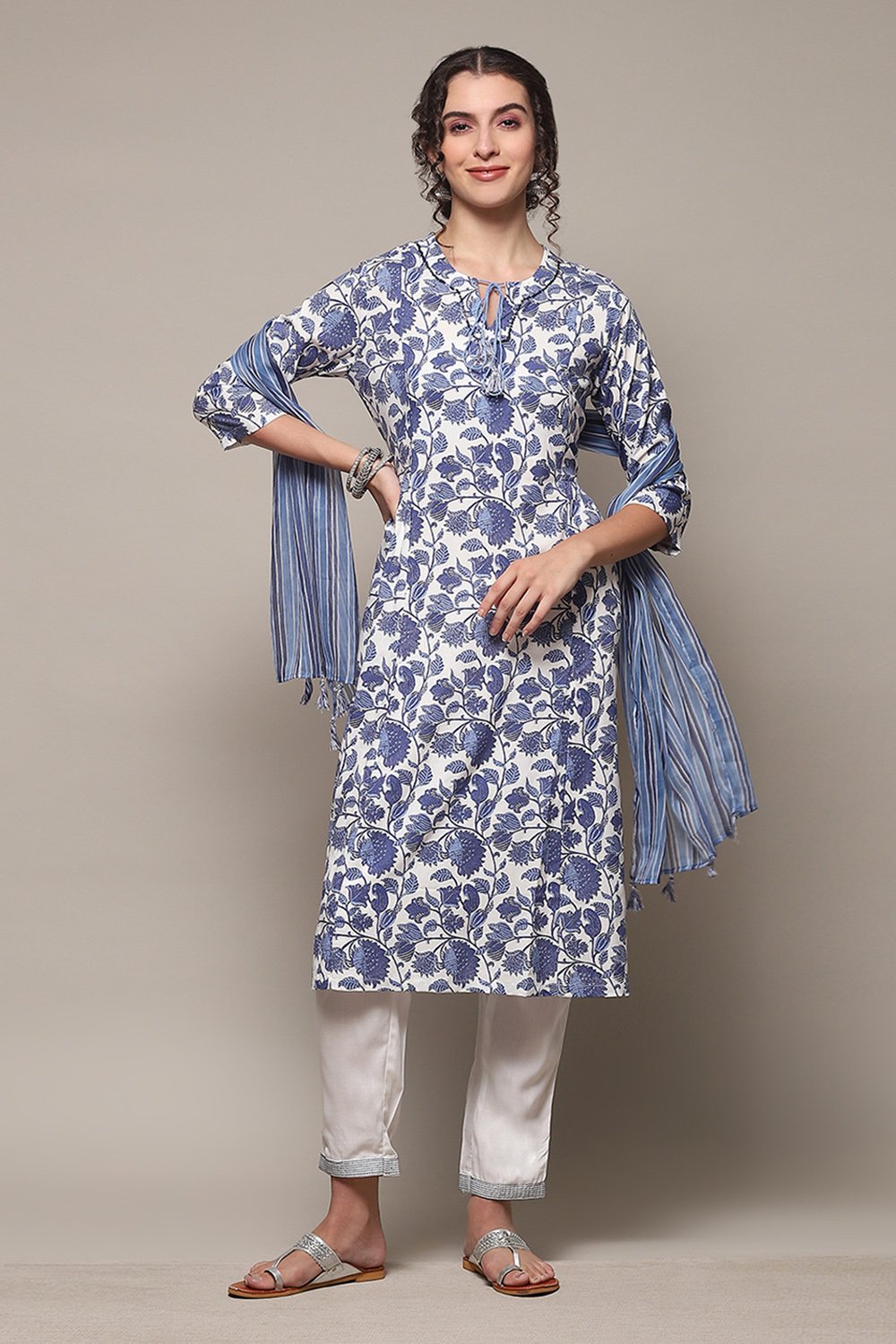 White & Blue Rayon Gathered Kurta Pants Suit Set image number 0