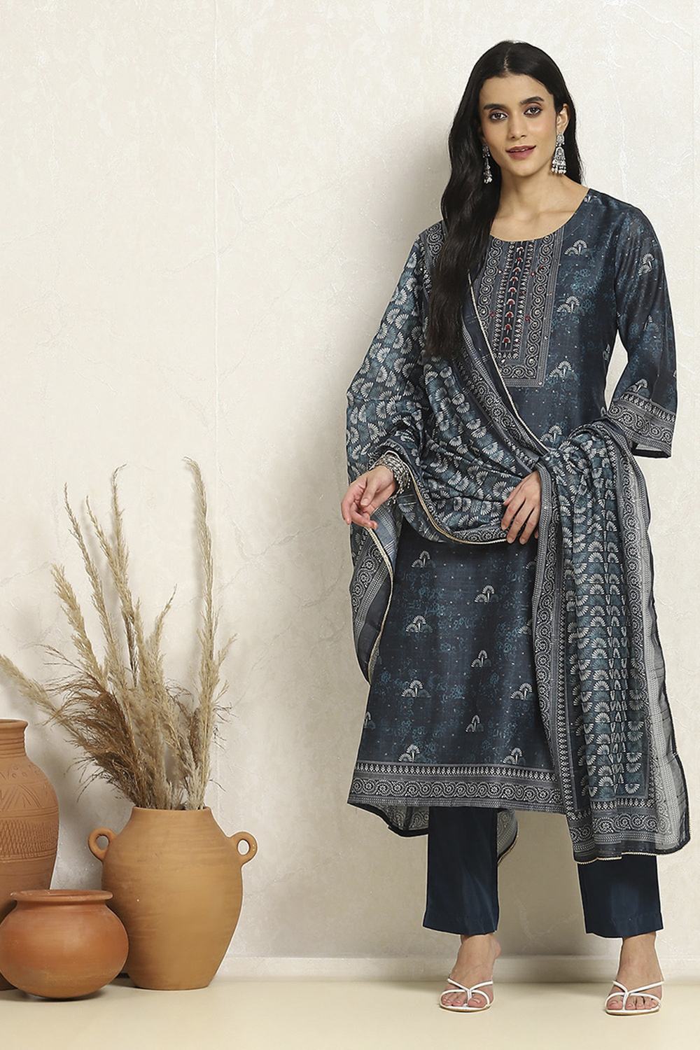 Blue Chanderi Geometric Printed Unstitched Suit Set image number 1