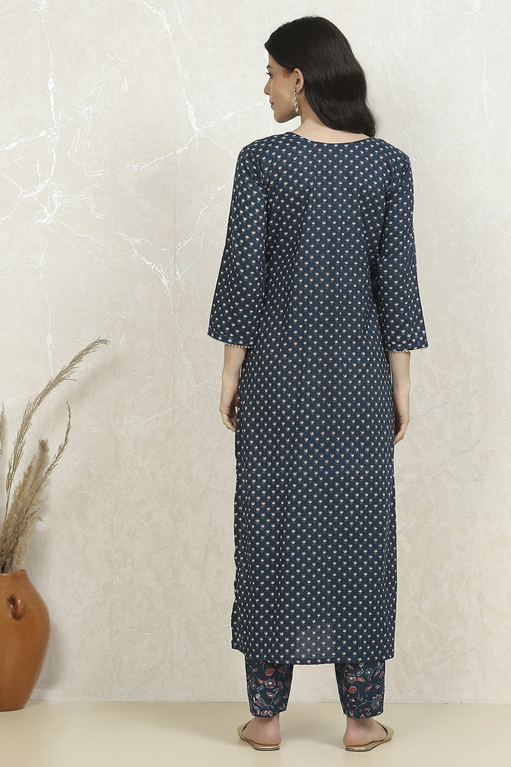 Navy Blue Cotton Printed Unstitched Suit Set image number 6