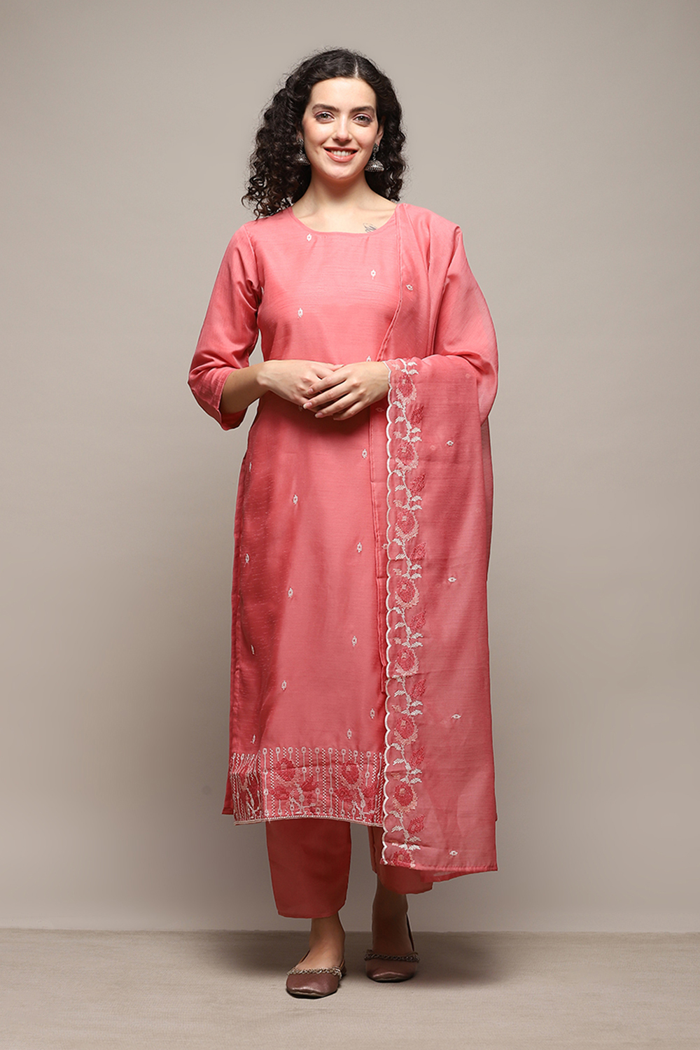 Pink Linen Blend Unstitched Suit Set image number 8