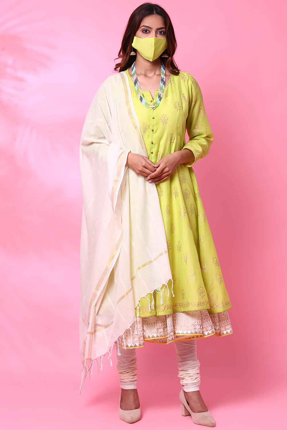 Lime Green Double Flared Kurta Churidar Suit Set image number 2