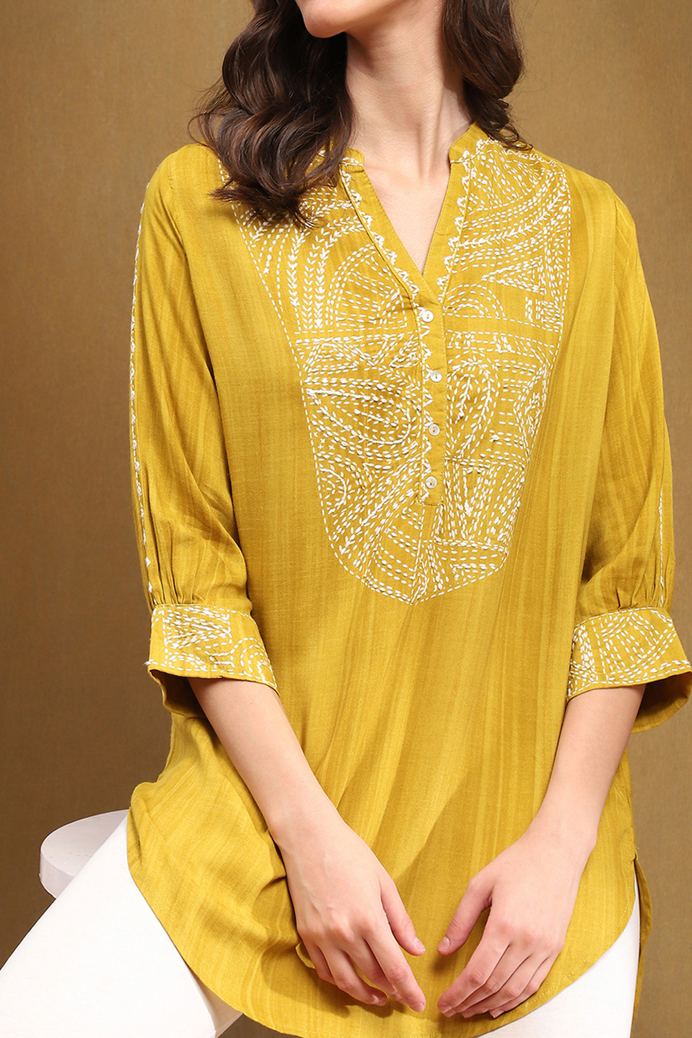 Mustard Yellow Liva Thread Work Straight Kurti image number 1