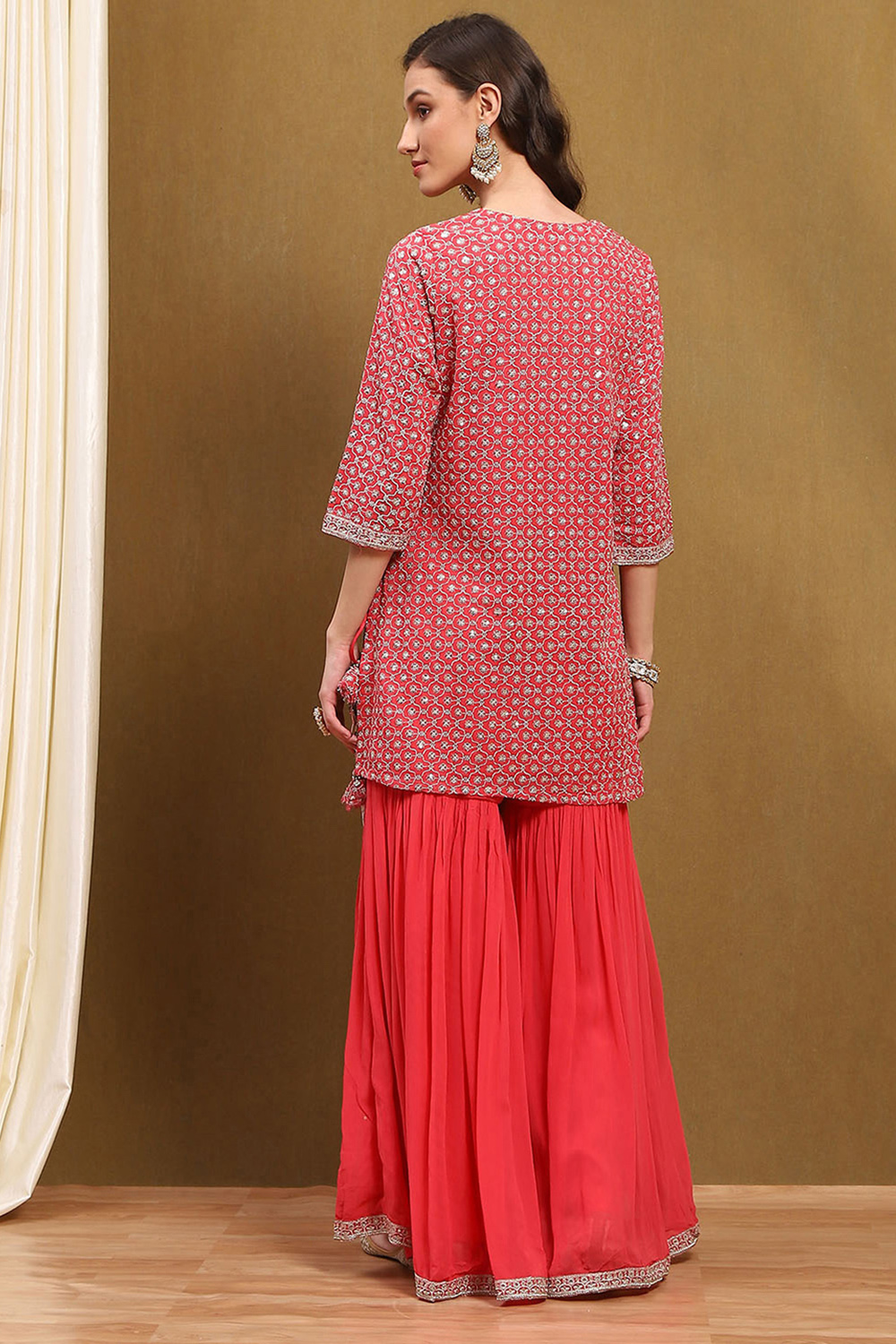 Coral Red Viscose Georgette Festive Straight Suit Set image number 4