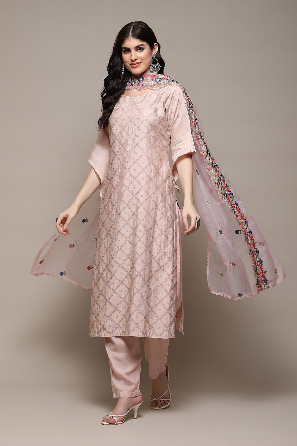 Light Pink Chanderi Blend Printed Unstitched Suit Set image number 1
