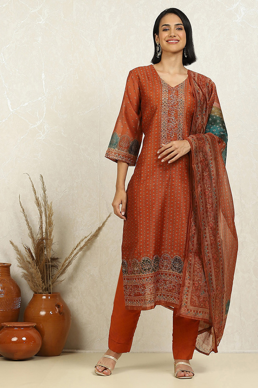 Blue Chanderi Floral Printed Unstitched Suit Set image number 1