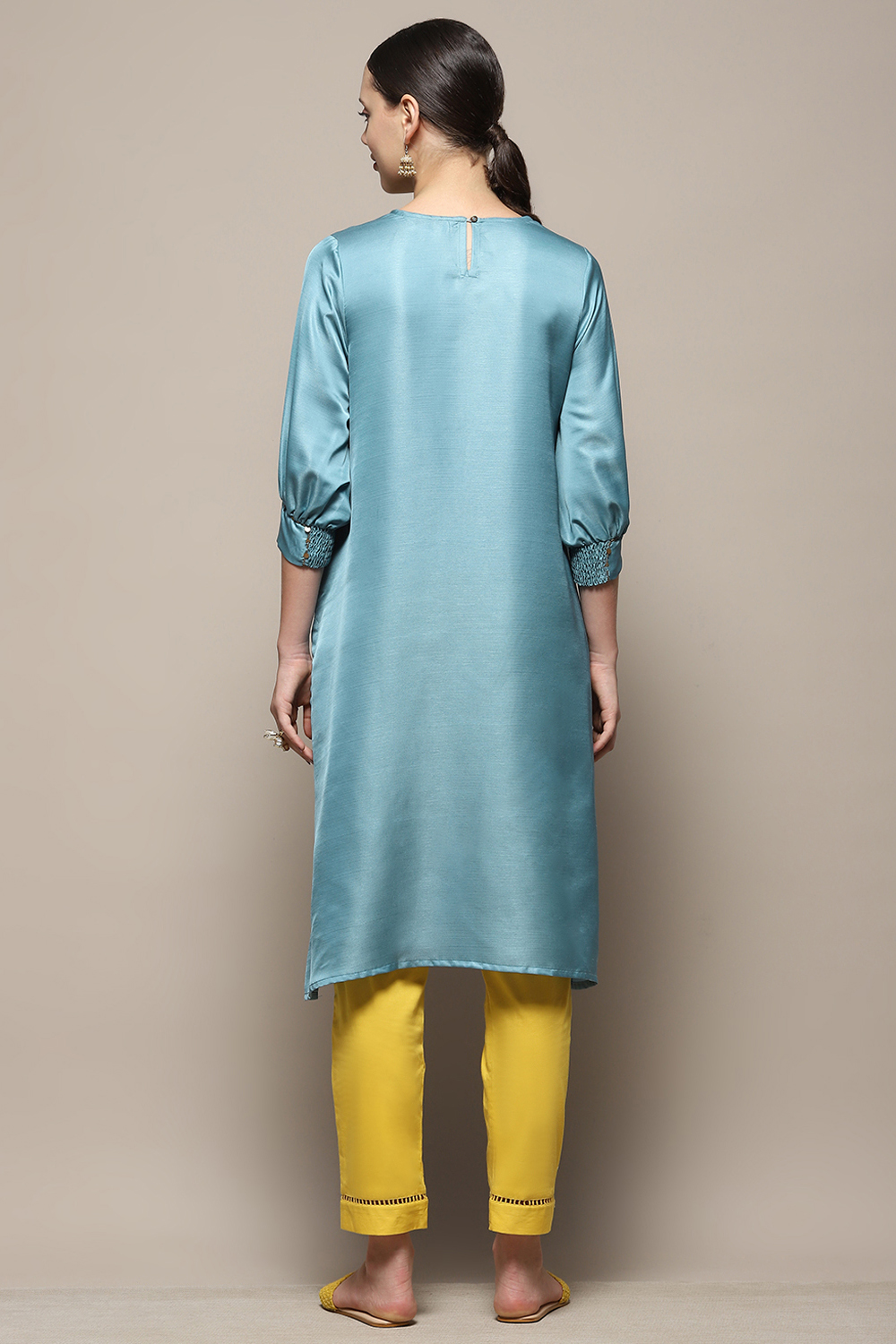 Smoky Blue Straight Regular Fit Festive Kurta image number 3