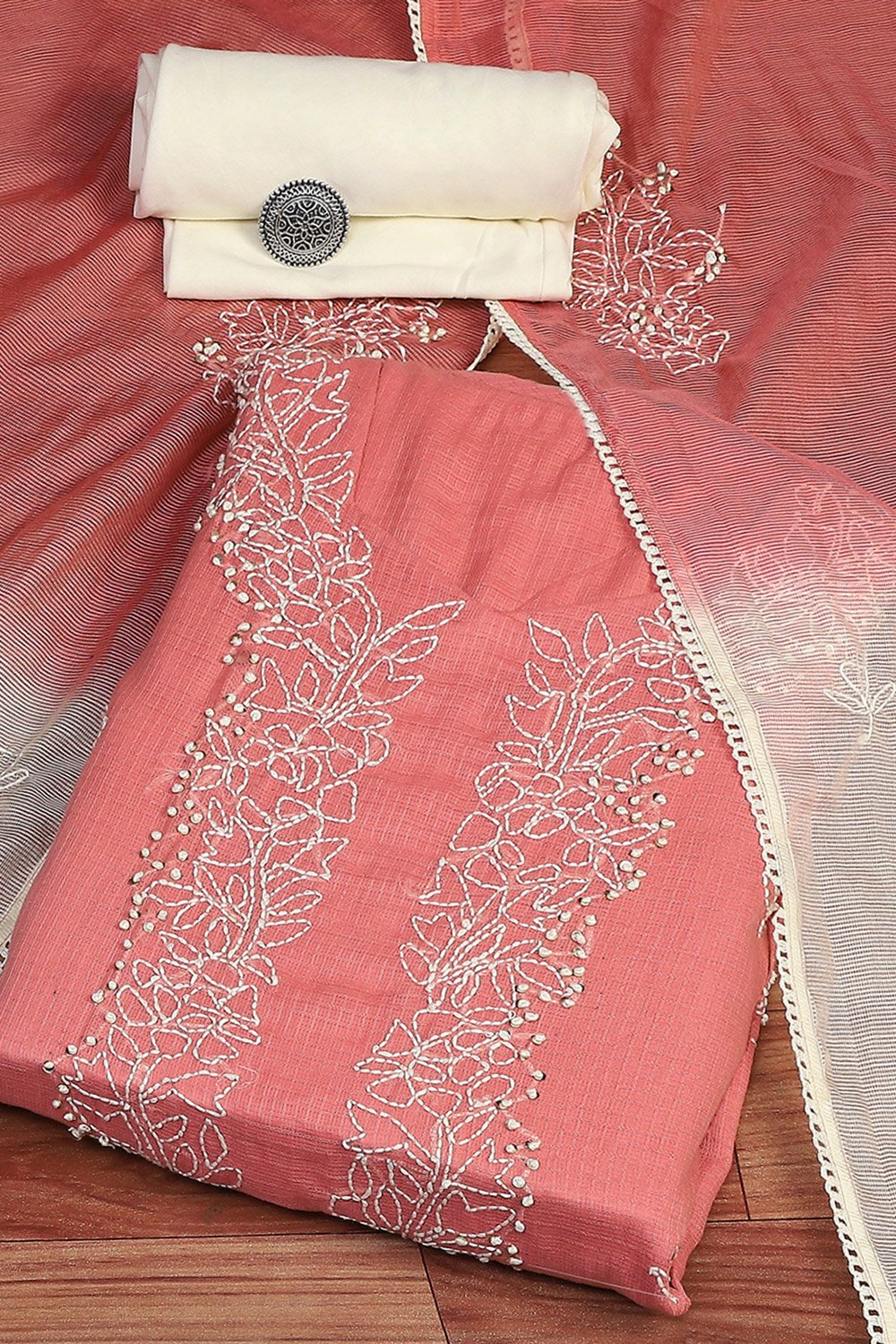 Peach Cotton Hand Embroidered Unstitched Suit Set image number 0