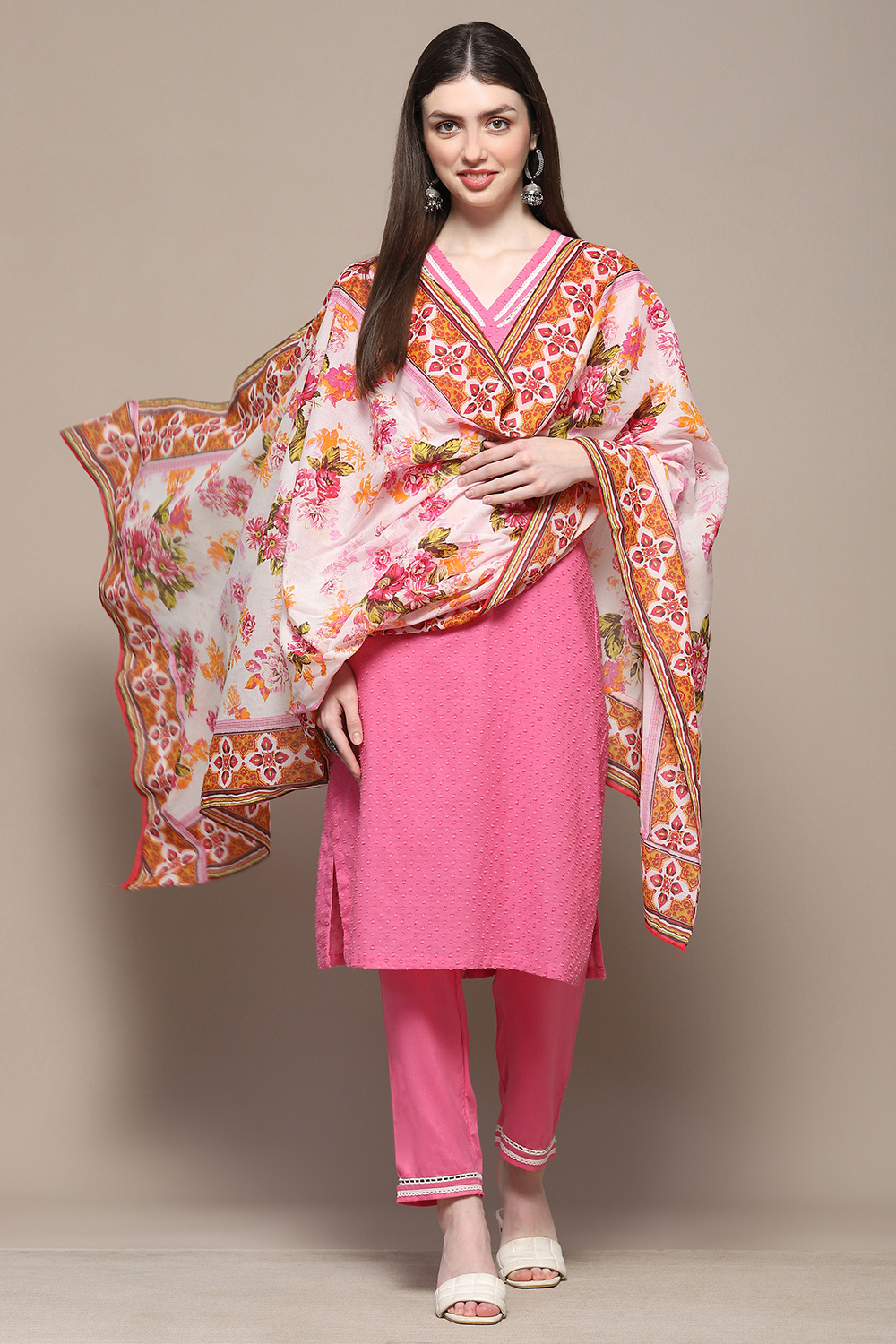 Pink Cotton Straight Kurta & Pants Suit Set image number 0