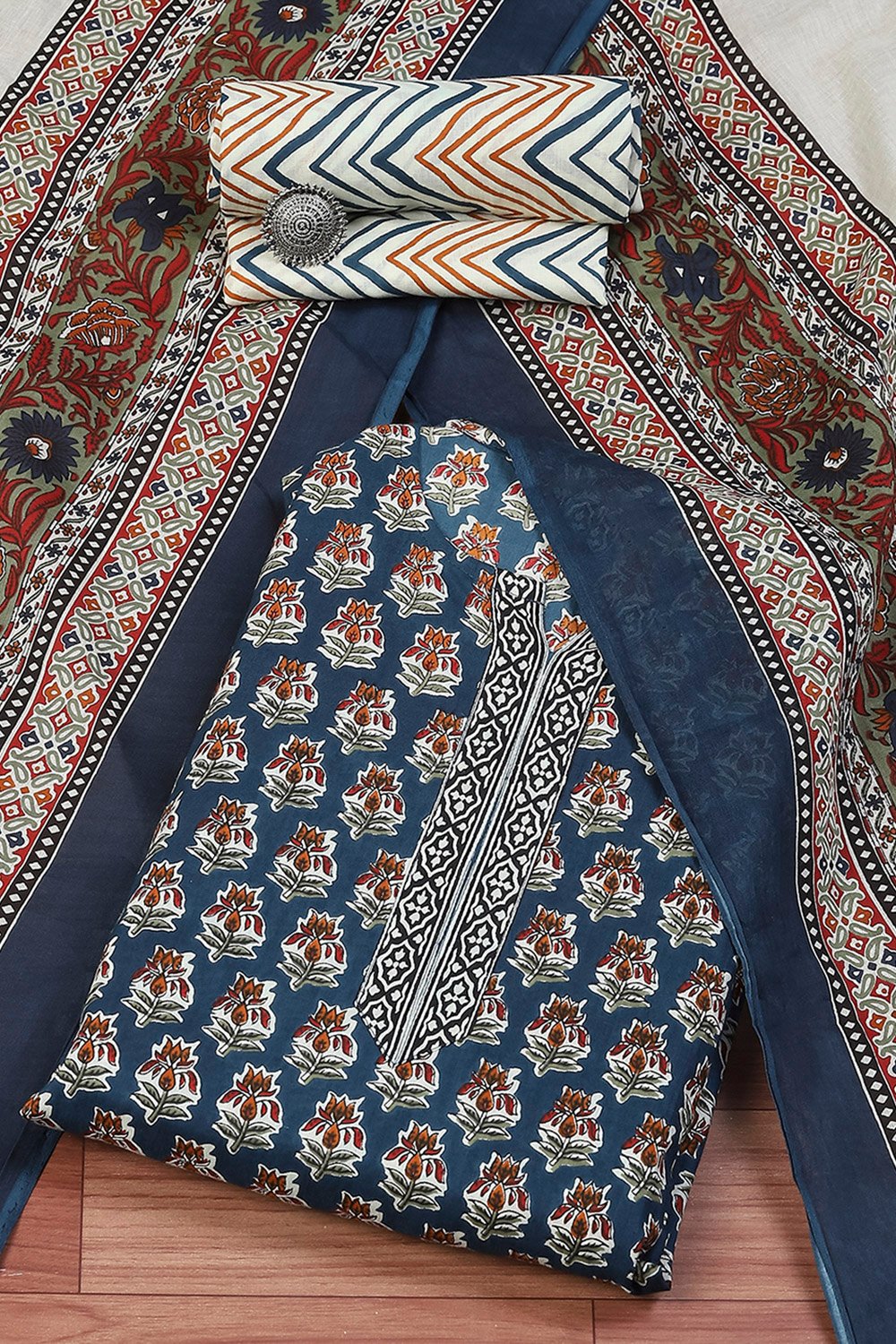 Dark Blue Cotton Printed Unstitched Suit Set image number 0