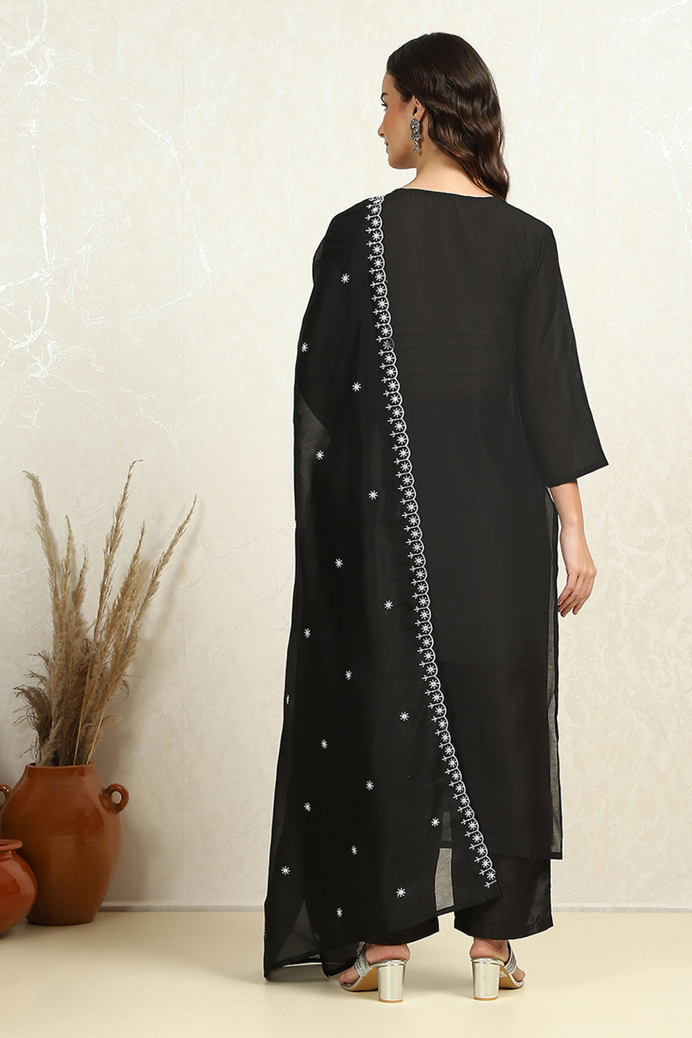 Black Chanderi Machine Embroidered Unstitched Suit Set image number 5