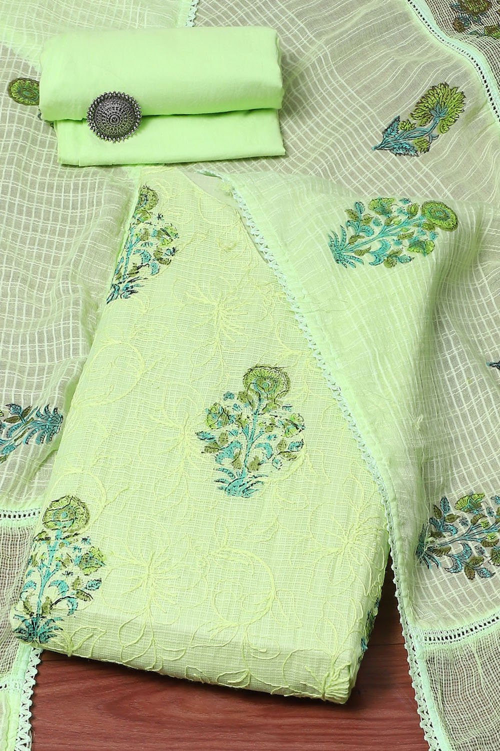 Pista Green Cotton Blend Unstitched Suit set image number 0